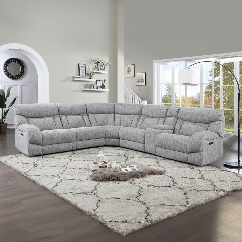 Gray Herringbone Six-Piece Fabric Sectional with Pillow-top Arms