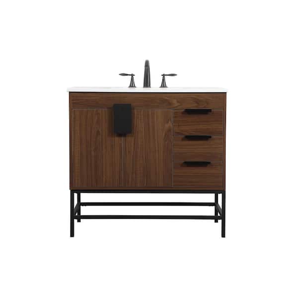 Unbranded Simply Living 36 in. W x 22 in. D x 33.5 in. H Bath Vanity in Walnut with Ivory White Engineered Marble Top