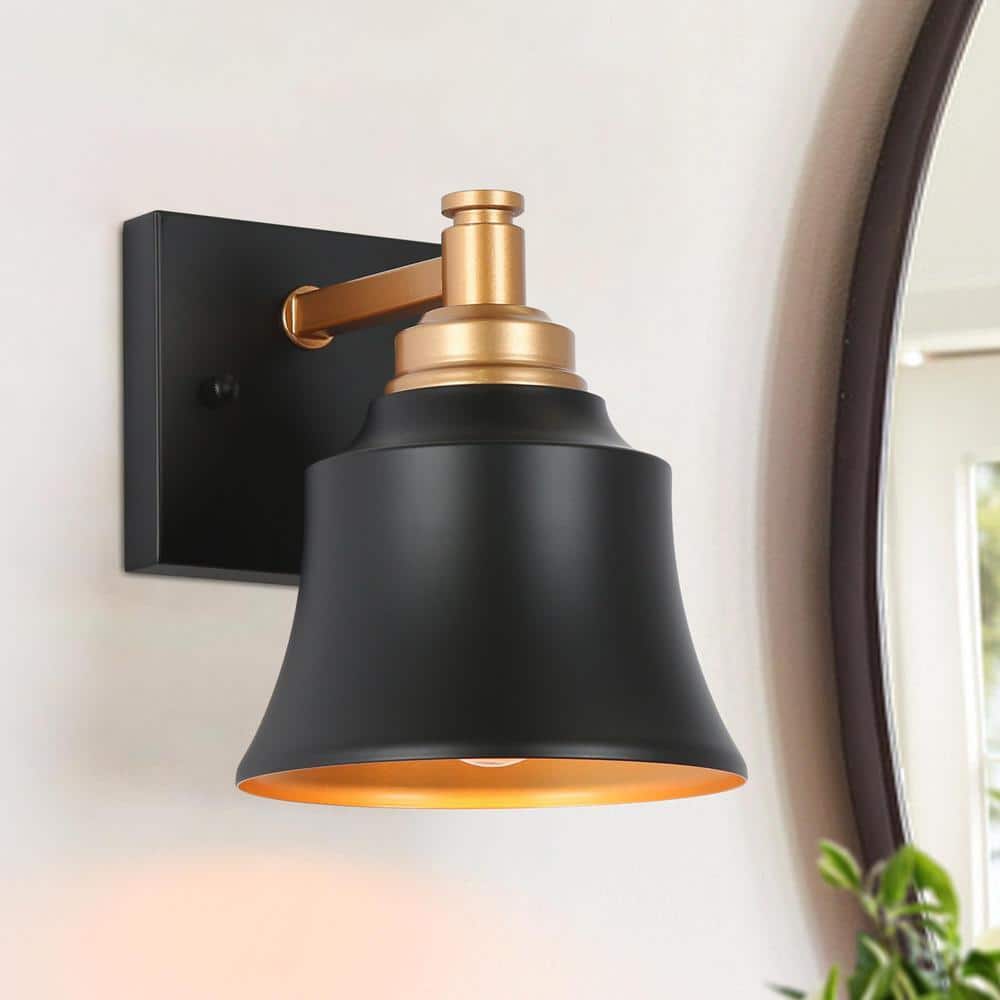 LNC Modern 6 in. 1-Light Painted Black and Gold Bathroom Wall Sconce with Bell Metal Shade ...
