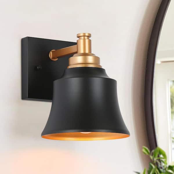 LNC Modern 6 in. 1-Light Painted Black and Gold Bathroom Wall Sconce with Bell Metal Shade
