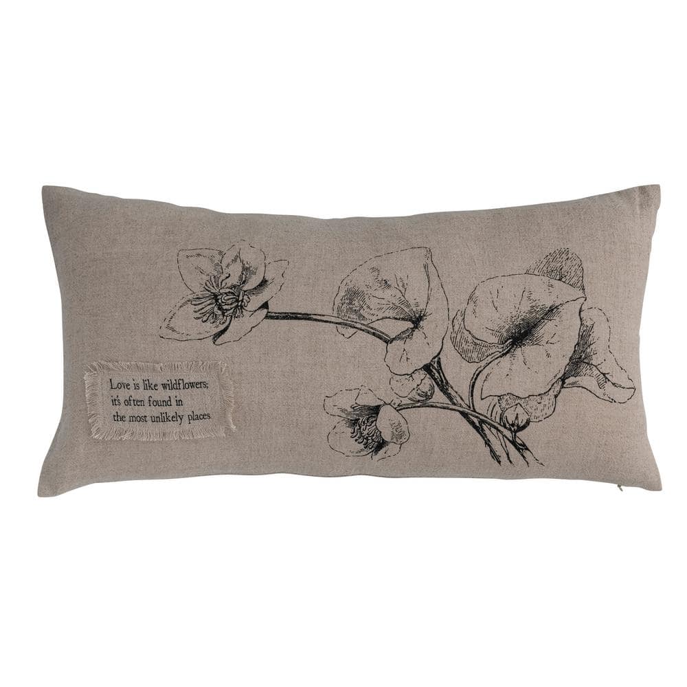 Natural Linen Blend Lumbar Pillow with Floral and Bird Design