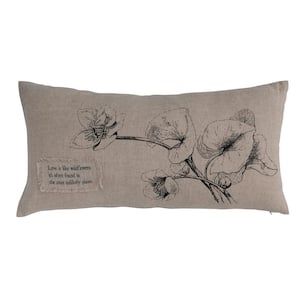 Natural and Black Floral Cotton 24 in. x 12 in. Throw Pillow