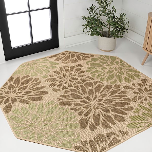 Zinnia Modern Floral Textured Weave Sage/Brown 5 ft. Octagon Indoor/Outdoor Area Rug
