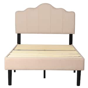 Platform Bed Frame, Beige Metal Frame Twin Size Platform Bed with Headboard Fabric Upholstered Wood Slat Support