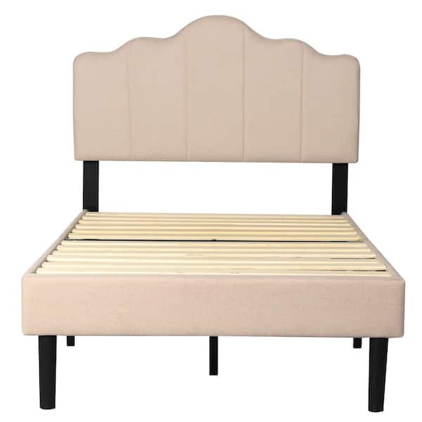 VECELO Platform Bed Frame, Beige Metal Frame Twin Size Platform Bed with Headboard Fabric Upholstered Wood Slat Support