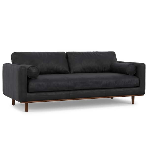 Morrison 89 in. Straight Arm Genuine Leather Wide Rectangle Mid-Century Modern Sofa in. Lead Black