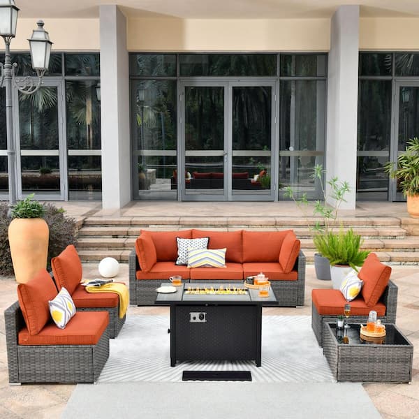 Toject Sanibel Gray 8-Piece Wicker Patio Conversation Sofa Sectional Set with a Metal Fire Pit and Orange Red Cushions