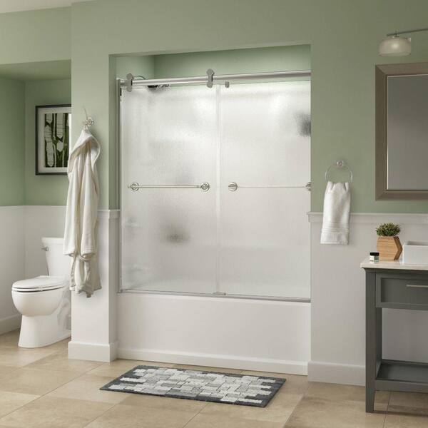 Delta Silverton 60 x 58-3/4 in. Frameless Contemporary Sliding Bathtub Door in Chrome with Rain Glass