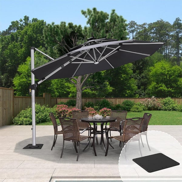 PURPLE LEAF 11 ft. Octagon Aluminum Solar Powered LED Patio Cantilever Offset Umbrella with Base Plate, Gray
