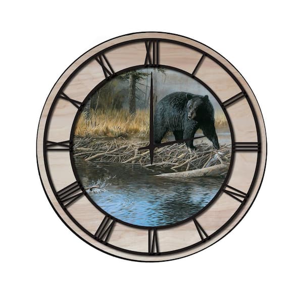 Unbranded "No Trespassing Bear" Woodgrain Accent and Black Numbers Imaged Wall Clock