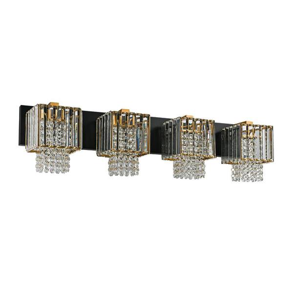 LLHZSY 32.09 in. 4Light Modern Black and Gold Crystal Vanity Light for