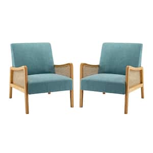 Finebaik Solid Wood Legs Livingroom ArmChair with Rattan Arm (Set of 2)-Blue