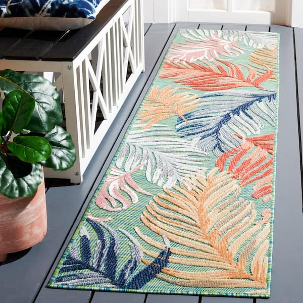 Cabana Green/Rust 2 ft. x 21 ft. High-Low Oversized Leaf Indoor/Outdoor Runner Rug