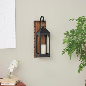 Black Metal Suspended Arched Cutout Wall Candle Sconce with Brown Wood Backing and Beaded Edge