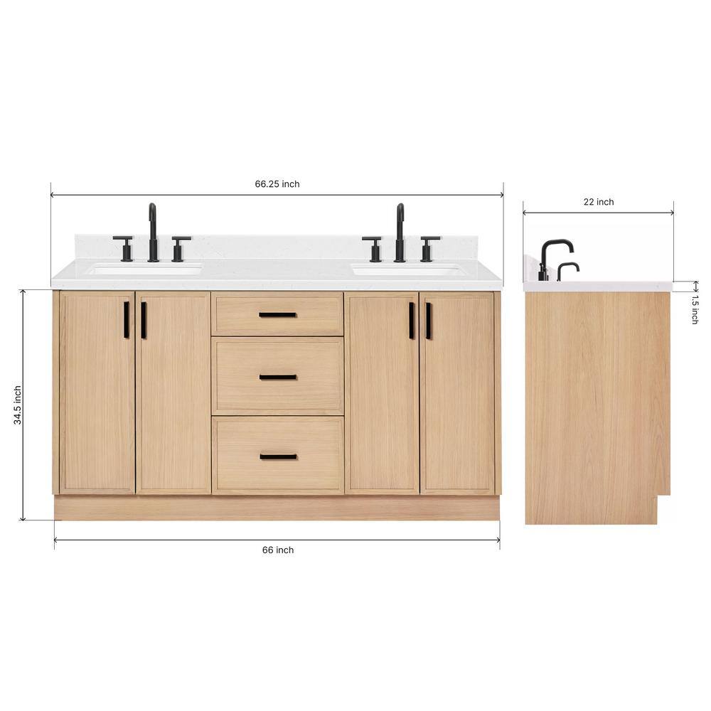 Kelly 66" Oak Double Sink Vanity with Carrara Quartz Top