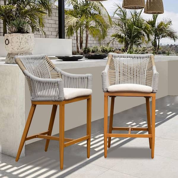 Metal Outdoor Bar Stools (Set of 2), Modern Patio Tall Barstools with Cushions for Pool Garden Kitchen Counter