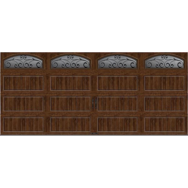 Clopay Gallery Collection 16 ft. x 7 ft. 6.5 R-Value Insulated Ultra-Grain Walnut Garage Door with Wrought Iron Window