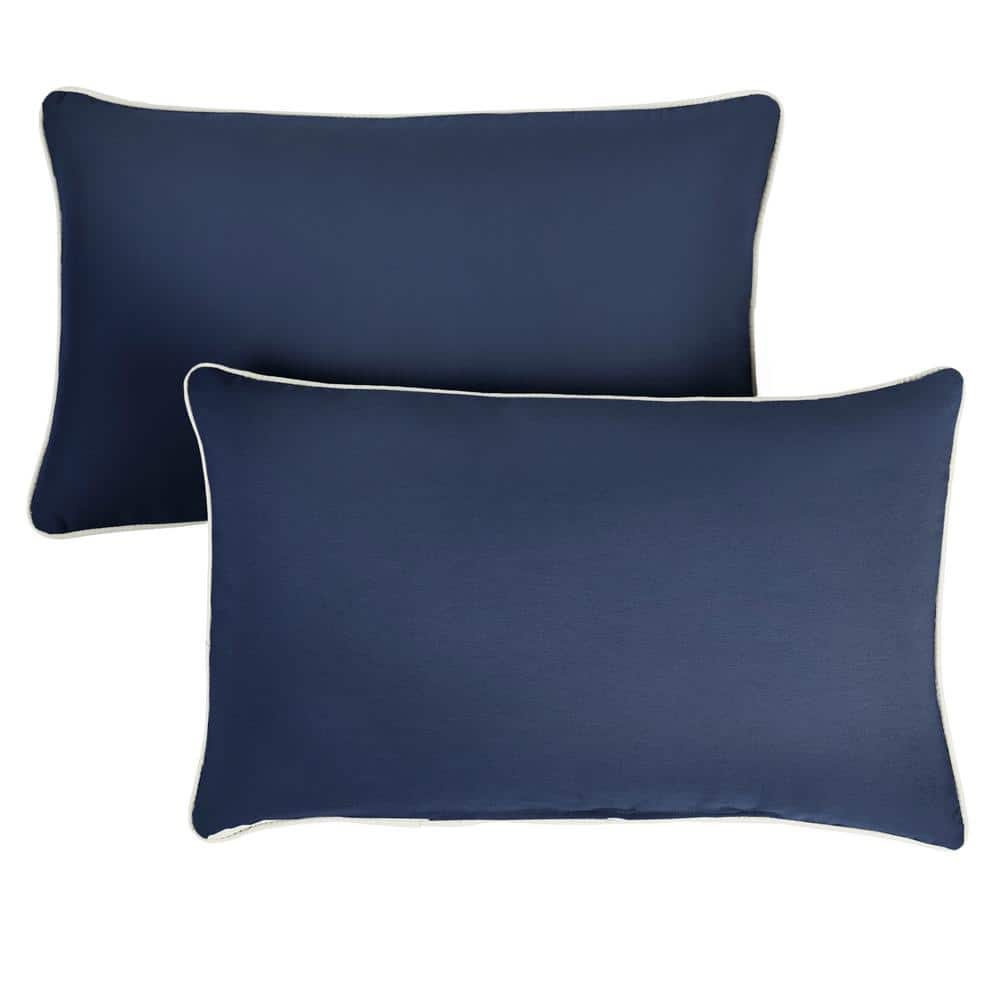 Sunbrella Navy Blue with Ivory Rectangular Outdoor Corded Lumbar Pillows (2