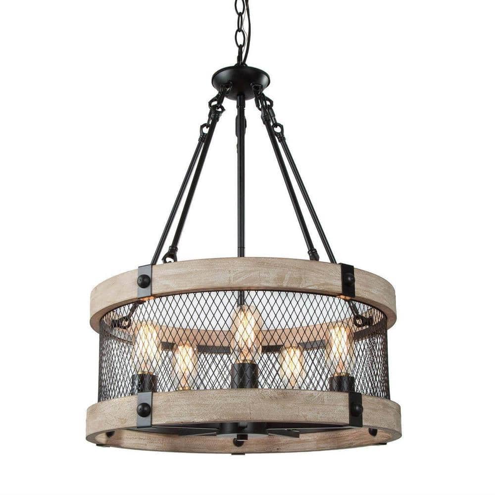 5-Light Farmhouse Drum Chandelier in Matte Black and Wood Textured Gray Ide
