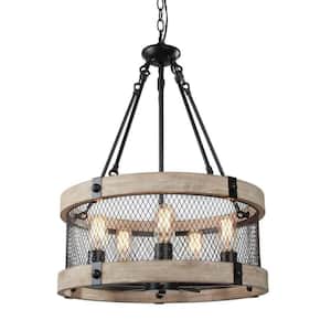 5-Light Farmhouse Drum Chandelier in Matte Black and Wood Textured Gray Ideal For Foyers, Kitchens or Dinning Room.