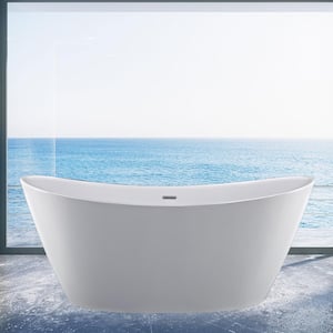 59 in. Acrylic Freestanding Bathtub Flatbottom Deep Soaking Tub for Adults in White