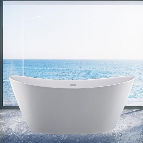 Empava 59 in. Acrylic Freestanding Bathtub Flatbottom Deep Soaking Tub for Adults in White