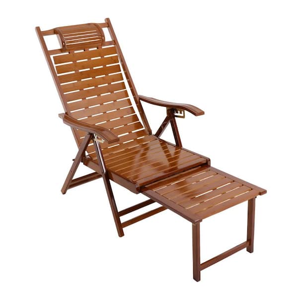 Brown Bamboo Wood 5-position Adjustable Backrest Outdoor Chaise Lounge Folding Lounge Chair
