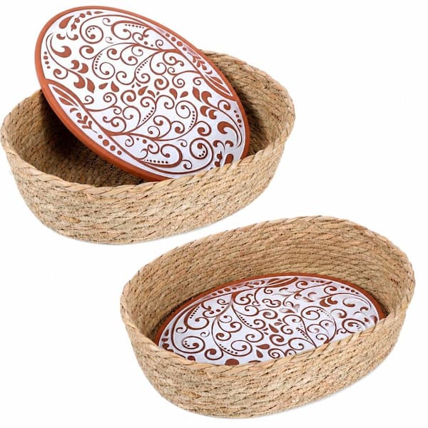 Brown Terracotta and Rattan Bread Warmer Basket Set 12.5 x 8.5 Inches 2-Piece Set 12.5 x 8.5 x 4