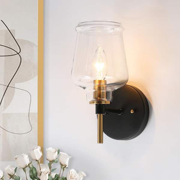 4.5 in. 1-Light Black Bathroom Wall Sconce, Bell Clear Glass Bath Lighting, Modern Farmhouse Brass Gold Vanity Light