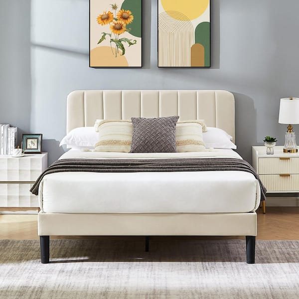Upholstered Bed Frame, Full Platform Bed Frame with Adjustable Headboard, Strong Wooden Slats Support, Beige