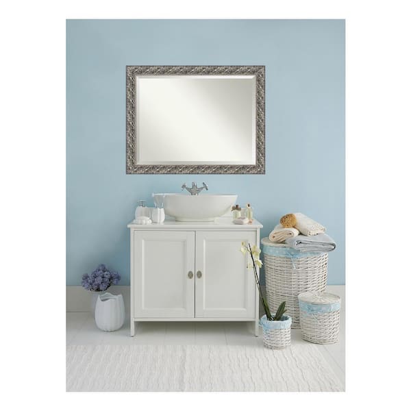 Amanti Art Silver Luxor 45.5 in. x 35.5 in. Beveled Rectangle Wood Framed Bathroom Wall Mirror in Silver