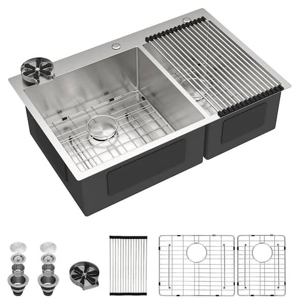 33 in. Drop-In Double Bowl 16 Gauge Brushed Nickel Stainless Steel Kitchen Sink with Bottom Grids