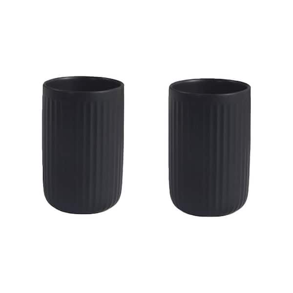 2 Cups Matte Black Ceramic Bathroom Tumbler Cups Toothbrush Toothpaste Holders Set Bathroom Counter Organizer