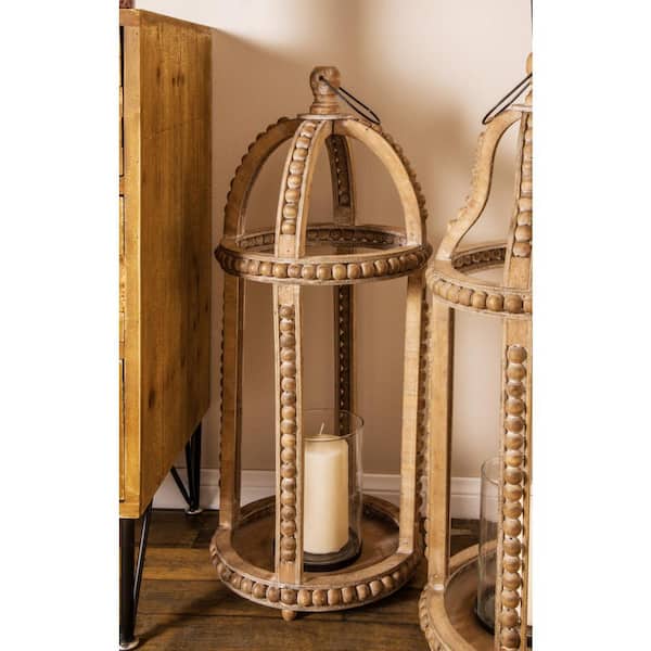 29 in. H Brown Reclaimed Wood Beaded Decorative Candle Lantern