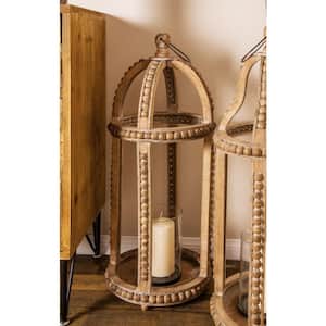 Brown Reclaimed Wood Beaded Decorative Candle Lantern