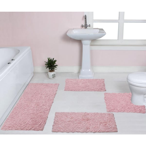 HOME WEAVERS INC Bell Flower Collection 100% Cotton Tufted Bath Rug, 4-Pcs Set with Contour, Pink