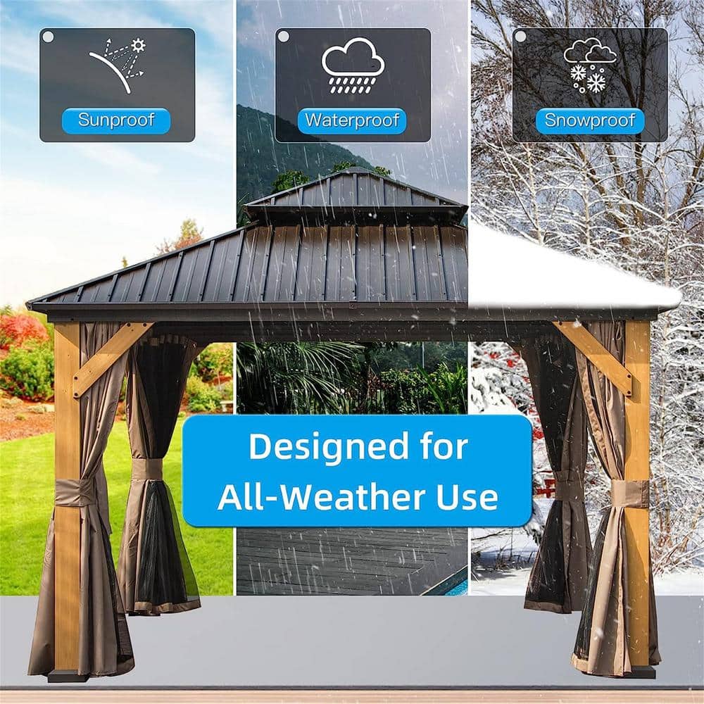 12' x 12' Brown Aluminum Hardtop Patio Gazebo with Curtains