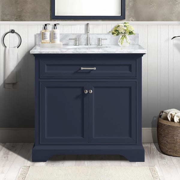 Home Decorators Collection Windlowe 37 in. Single Sink Navy Blue Bath Vanity with White Carrara Marble Top (Assembled)