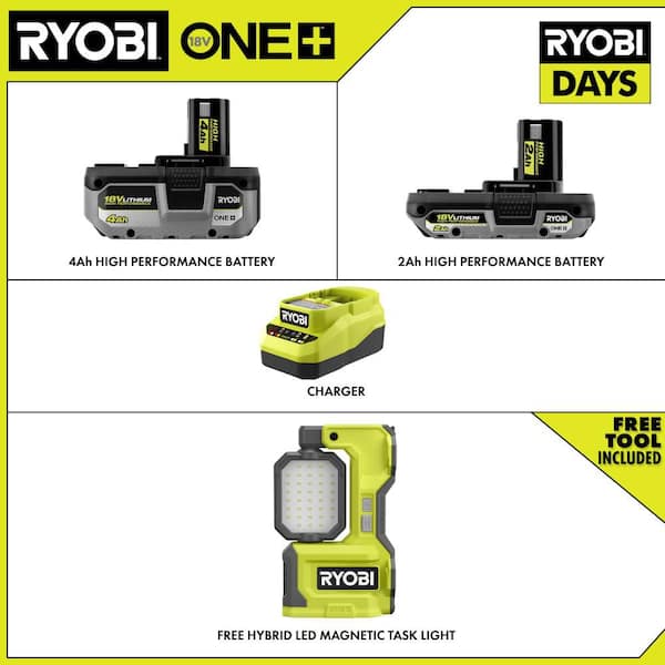 ONE+ 18V Hybrid Cordless LED Magnetic Task Light with 4.0Ah Lithium-Ion Battery, 2.0Ah Lithium-Ion Battery & Charger