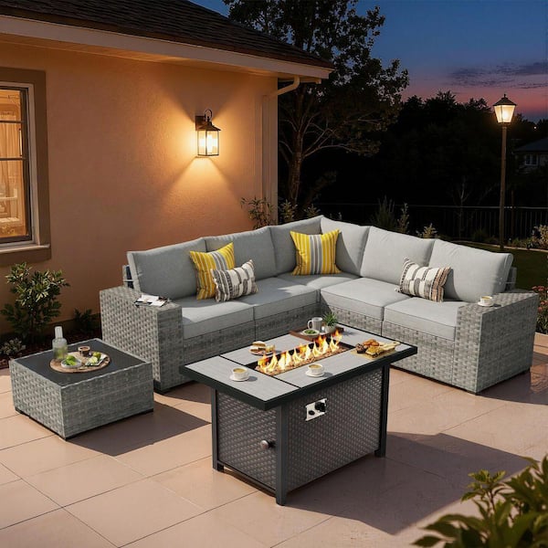 Baldwin Gray 7-Pieces Wicker Wide Arm Outdoor Patio Sofa Sectional Set with Metal Fire Pit and Dark Gray Cushions
