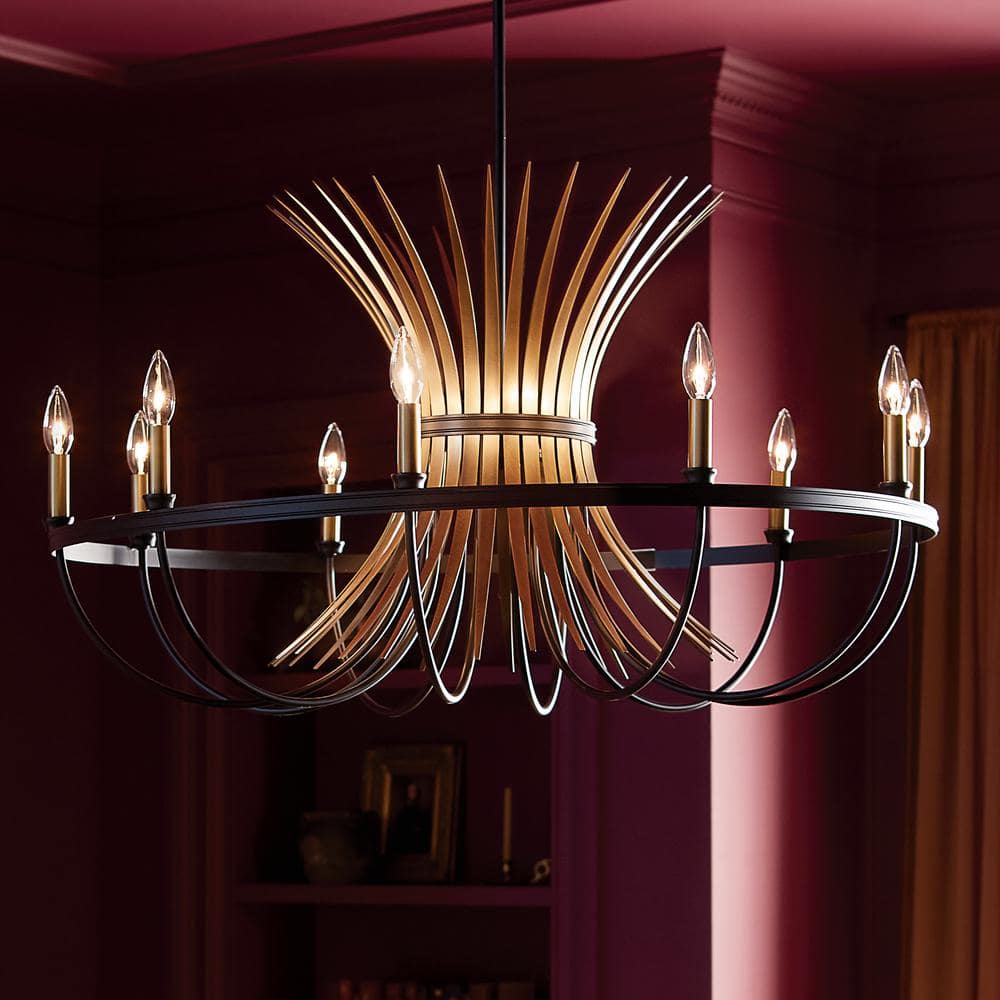 Baile Elegant Black 10-Light Taper Candle Chandelier with Vintage Brass Accents