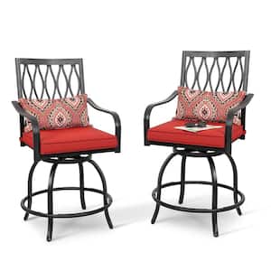 Swivel Metal Balcony Height Outdoor Bar Stool with Red Cushion (2-Pack)