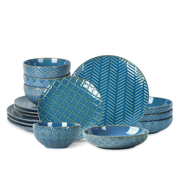 16-Piece Embossed Blue Ceramic Dinnerware Set with Plates and Bowls, Service for 4 Dinnerware Sets