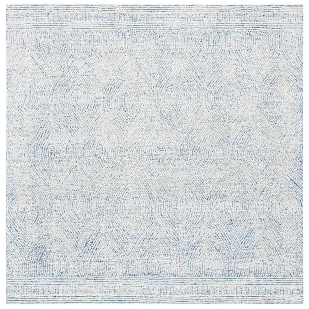 Ivory and Blue Abstract Wool 4' x 4' Square Rug