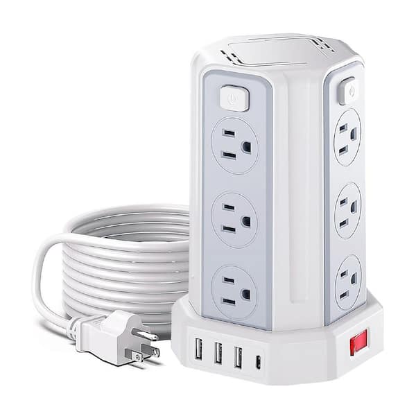 12-Outlet Power Strip Tower Surge Protector with 6.5 ft. Extension Cord, 4-USB Ports and 4-Switches for Home Use, White