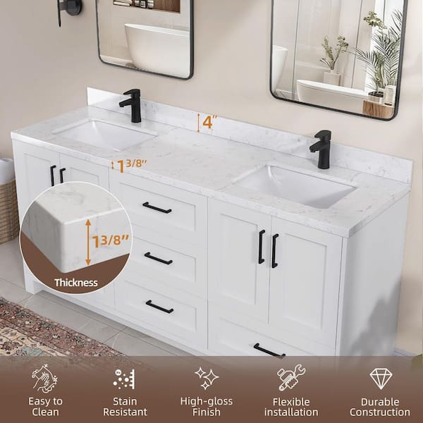 Zeafive 72 in. W x 22 in. D Engineered Stone Vanity Top in Carrara