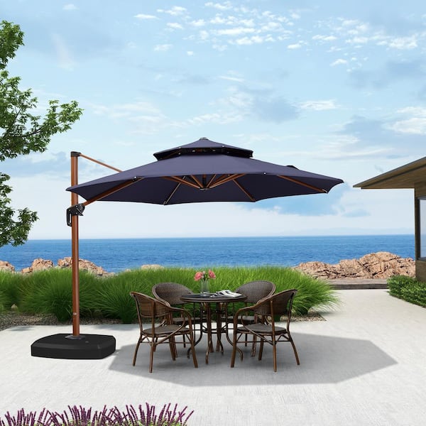 PURPLE LEAF 11 ft. Octagon High-Quality Wood Pattern Aluminum Cantilever Polyester Patio Umbrella with Wheels Base, Navy Blue