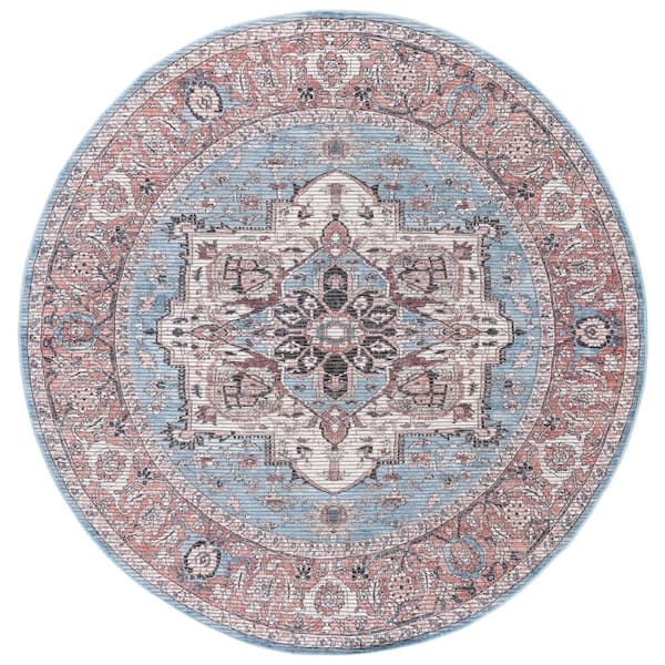 Serapi Blue/Rust 7 ft. x 7 ft. Machine Washable Border Ornate Medallion Round Area Rug