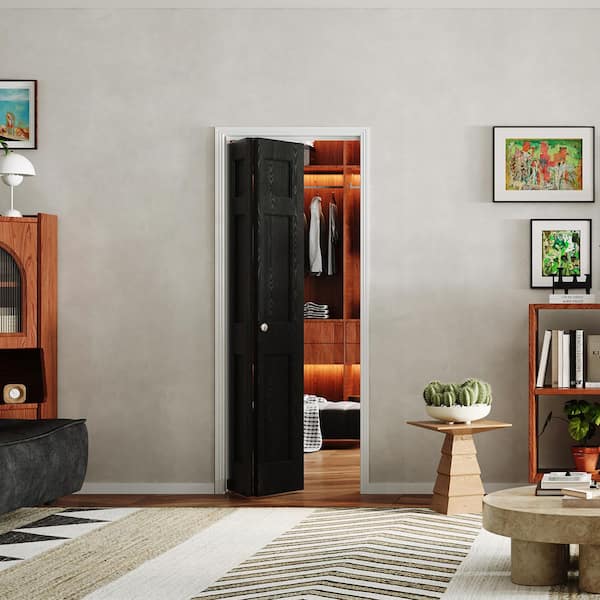 28 in. x 80 in. 6-Panel, Textured, MDF, Black, Hollow Core, Composite, DIY Painted Bi-Fold Door with Hardware Kits