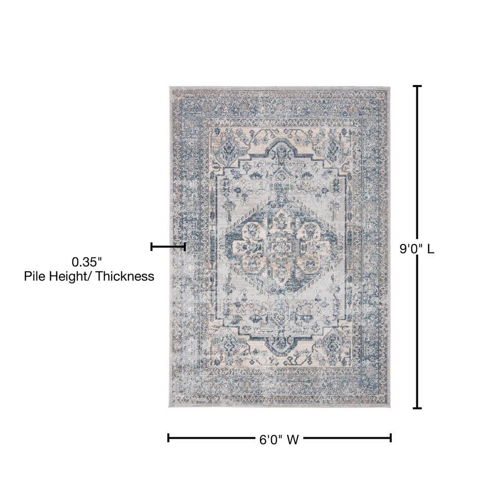 Oregon Light Blue and Ivory Synthetic Medallion Area Rug 6' x 9'